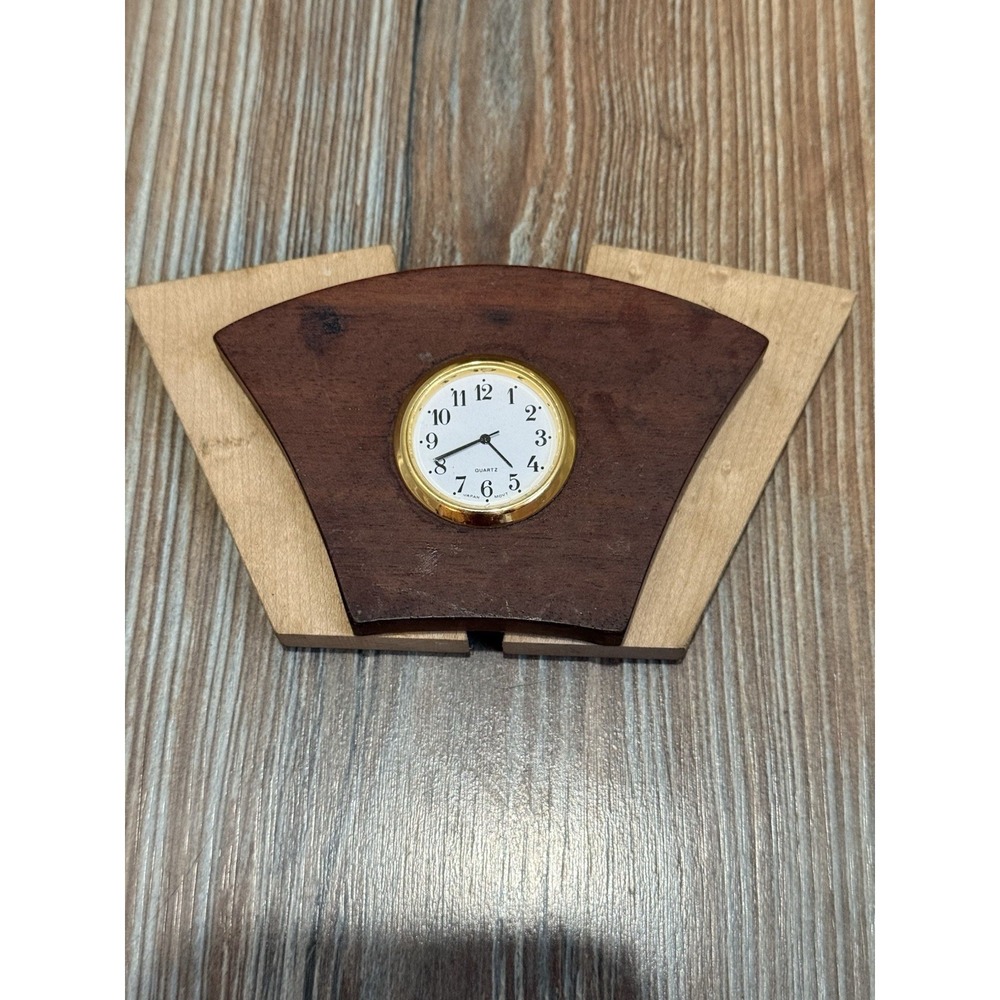 Quartz Mini Clock With Wooden Accents Two Toned 6x3.5"